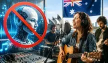 Australia blokuje muzykę stworzoną przez AI na listach przebojów, artysta śpiewa w studiu obok symbolu sztucznej inteligencji