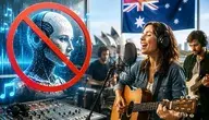 Australia blokuje muzykę stworzoną przez AI na listach przebojów, artysta śpiewa w studiu obok symbolu sztucznej inteligencji
