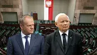 Jarosław Kaczyński i Donald Tusk na tle sali plenarnej