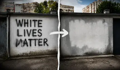 Grafika ilustracyjna przedstawiająca graffiti „White Lives Matter” na ścianie garażu przed zamalowaniem oraz pusty fragment ściany po usunięciu kontrowersyjnego napisu na osiedlu Kmity w Rzeszowie