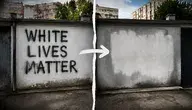 Grafika ilustracyjna przedstawiająca graffiti „White Lives Matter” na ścianie garażu przed zamalowaniem oraz pusty fragment ściany po usunięciu kontrowersyjnego napisu na osiedlu Kmity w Rzeszowie