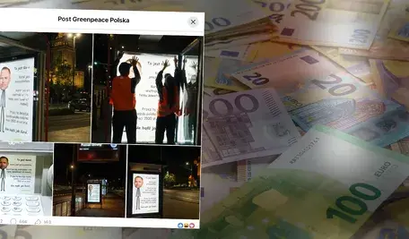 Screen za FB dokumentujące akcję Greenpeace i euro w tle