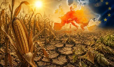 Susza i ekstremalne upały niszczą europejskie uprawy, wyschnięte pole kukurydzy oraz mapa Europy pokazująca obszary dotknięte kryzysem pogodowym