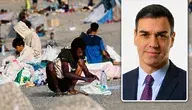 Migranci oczekują w obozowisku na plaży El Trampolín w Ceucie w Hiszpanii,, tymczasem premier Sanchez wybiera sie na kolejny urlop