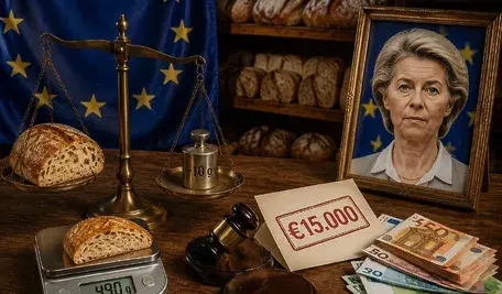Symboliczna ilustracja przedstawiająca konflikt między małym przedsiębiorcą a regulacjami: chleb na wadze, pieniądze, dokumenty prawne, młotek sędziowski oraz flaga Unii Europejskiej. Grafika nawiązuje do historii niemieckiego piekarza, który poniósł koszty po skardze dotyczącej niewielkiej różnicy w wadze pieczywa