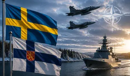 Flagi Szwecji i Finlandii oraz symbol NATO nad okrętem wojennym i myśliwcami w zimowej scenerii, obrazujące współpracę obronną państw nordyckich.