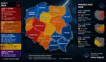 Mapa Polski z ostrzeżeniami IMGW przed burzami, intensywnym deszczem, upałem i silnym wiatrem. Kolorowe strefy pokazują regiony objęte alertami pogodowymi, obok znajdują się informacje o prognozowanych burzach i zagrożeniach.