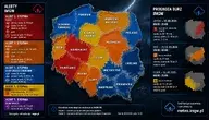 Mapa Polski z ostrzeżeniami IMGW przed burzami, intensywnym deszczem, upałem i silnym wiatrem. Kolorowe strefy pokazują regiony objęte alertami pogodowymi, obok znajdują się informacje o prognozowanych burzach i zagrożeniach.