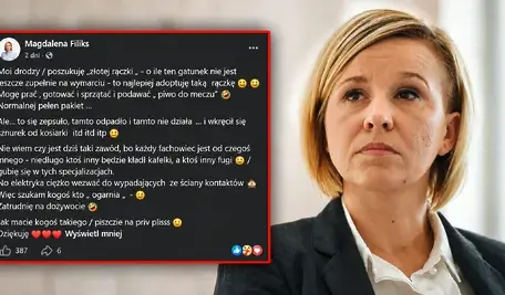 Magdalena Filiks na tle wpisu opublikowanego przez nią w mediach społecznościowych, w którym poszukuje „złotej rączki”