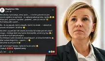 Magdalena Filiks na tle wpisu opublikowanego przez nią w mediach społecznościowych, w którym poszukuje „złotej rączki”