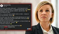 Magdalena Filiks na tle wpisu opublikowanego przez nią w mediach społecznościowych, w którym poszukuje „złotej rączki”