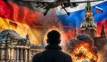 Symboliczna grafika przedstawiająca drona bojowego nad mapą Europy pomiędzy flagą Niemiec i Rosji. W tle widoczne są budynki Berlina i Kremla, eksplozja, dym oraz celownik sugerujący zagrożenie, sabotaż i eskalację wojny hybrydowej.