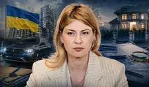 Grafika ilustracyjna z portretem Ołhy Stefaniszyny, flagą Ukrainy, luksusowym autem, apartamentowcami, domem i dokumentami śledczymi.