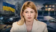 Grafika ilustracyjna z portretem Ołhy Stefaniszyny, flagą Ukrainy, luksusowym autem, apartamentowcami, domem i dokumentami śledczymi.