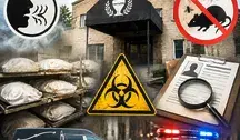 Ilustracja przedstawiająca zakład pogrzebowy w Chicago podczas kontroli służb, z symbolami zagrożenia biologicznego, szkodników, dokumentów śledczych, karawanem i radiowozem w tle.