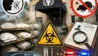 Ilustracja przedstawiająca zakład pogrzebowy w Chicago podczas kontroli służb, z symbolami zagrożenia biologicznego, szkodników, dokumentów śledczych, karawanem i radiowozem w tle.