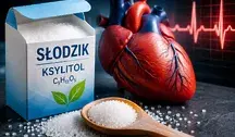 Ksylitol w opakowaniu jako popularny słodzik obok anatomicznego serca i wykresu EKG symbolizujących badania nad wpływem zamienników cukru na zdrowie serca