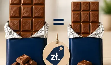Porównanie dwóch tabliczek czekolady mlecznej – większej i mniejszej – symbolizujące zmniejszanie gramatur produktów przy zachowaniu tej samej ceny.