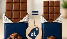 Porównanie dwóch tabliczek czekolady mlecznej – większej i mniejszej – symbolizujące zmniejszanie gramatur produktów przy zachowaniu tej samej ceny.