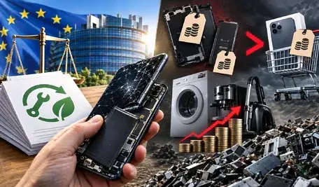 Grafika pokazuje problem unijnego prawa do naprawy elektroniki – pomiędzy obietnicą łatwiejszego serwisowania urządzeń a rzeczywistością wysokich kosztów części zamiennych, drogich napraw i rosnącej liczby elektroodpadów.