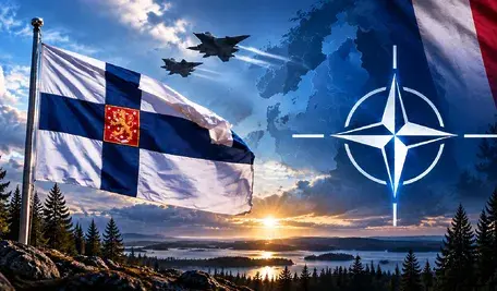 Flaga Finlandii oraz znak NATO symbolizujące wzmacnianie europejskiego bezpieczeństwa i współpracę obronną Helsinek z sojusznikami.