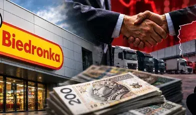 Biedronka sklep z logo sieci, ciężarówki transportowe i symboliczne pieniądze przedstawiające sprawę wysokiej kary za niedozwolone porozumienia biznesowe
