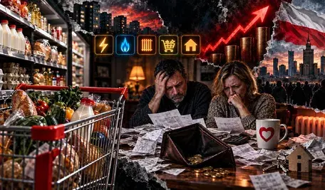 Dramatyczna, fotorealistyczna grafika w formacie poziomym przedstawiająca rosnące koszty życia. Po lewej stronie znajduje się supermarketowa półka z podstawowymi produktami oraz duży wózek sklepowy wypełniony żywnością. W centrum widać zmartwioną parę siedzącą przy stole, przeglądającą rachunki i dokumenty. Przed nimi leży pusty portfel, kilka monet oraz rozrzucone paragony. W tle widoczny jest czerwony wykres symbolizujący wzrost cen, stosy monet, miejskie osiedle i polska flaga w ciemnej, dramatycznej scenerii. Na stole znajduje się kubek z czerwonym symbolem serca. Całość utrzymana jest w mrocznym, alarmującym stylu przedstawiającym presję finansową i wzrost kosztów codziennego życia.