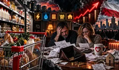 Dramatyczna, fotorealistyczna grafika w formacie poziomym przedstawiająca rosnące koszty życia. Po lewej stronie znajduje się supermarketowa półka z podstawowymi produktami oraz duży wózek sklepowy wypełniony żywnością. W centrum widać zmartwioną parę siedzącą przy stole, przeglądającą rachunki i dokumenty. Przed nimi leży pusty portfel, kilka monet oraz rozrzucone paragony. W tle widoczny jest czerwony wykres symbolizujący wzrost cen, stosy monet, miejskie osiedle i polska flaga w ciemnej, dramatycznej scenerii. Na stole znajduje się kubek z czerwonym symbolem serca. Całość utrzymana jest w mrocznym, alarmującym stylu przedstawiającym presję finansową i wzrost kosztów codziennego życia.