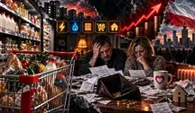 Dramatyczna, fotorealistyczna grafika w formacie poziomym przedstawiająca rosnące koszty życia. Po lewej stronie znajduje się supermarketowa półka z podstawowymi produktami oraz duży wózek sklepowy wypełniony żywnością. W centrum widać zmartwioną parę siedzącą przy stole, przeglądającą rachunki i dokumenty. Przed nimi leży pusty portfel, kilka monet oraz rozrzucone paragony. W tle widoczny jest czerwony wykres symbolizujący wzrost cen, stosy monet, miejskie osiedle i polska flaga w ciemnej, dramatycznej scenerii. Na stole znajduje się kubek z czerwonym symbolem serca. Całość utrzymana jest w mrocznym, alarmującym stylu przedstawiającym presję finansową i wzrost kosztów codziennego życia.