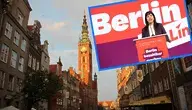 Fotomontaż przedstawiający ulicę Długi Targ oraz Ratusz Głównego Miasta w Gdańsku. Na tło polskiej architektury nałożona jest przekrzywiona grafika z wizerunkiem niemieckiej polityk Elif Eralp z partii Die Linke, przemawiającej na tle haseł "Berlin" oraz "Berlin bezahlbar machen"
