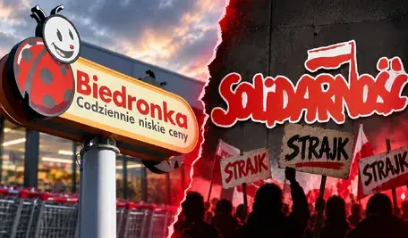 Biedronka i Solidarność – protest pracowników oraz plakaty „STRAJK” po zerwaniu mediacji Podpis pod zdjęciem: Spór zbiorowy w Biedronce wchodzi w kolejną fazę. Po fiasku mediacji związkowcy zapowiadają referendum strajkowe.