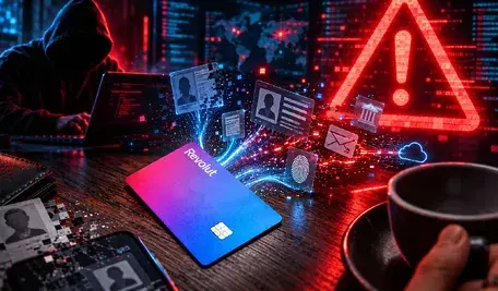 Karta Revolut, haker przy laptopie i czerwony znak ostrzegawczy symbolizujące wyciek danych klientów i cyberatak