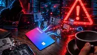 Karta Revolut, haker przy laptopie i czerwony znak ostrzegawczy symbolizujące wyciek danych klientów i cyberatak