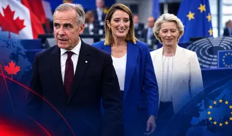 Premier Kanady Mark Carney, przewodnicząca Parlamentu Europejskiego Roberta Metsola i przewodnicząca Komisji Europejskiej Ursula von der Leyen w Strasburgu.