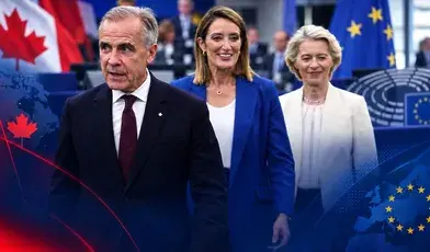 Premier Kanady Mark Carney, przewodnicząca Parlamentu Europejskiego Roberta Metsola i przewodnicząca Komisji Europejskiej Ursula von der Leyen w Strasburgu.