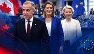 Premier Kanady Mark Carney, przewodnicząca Parlamentu Europejskiego Roberta Metsola i przewodnicząca Komisji Europejskiej Ursula von der Leyen w Strasburgu.