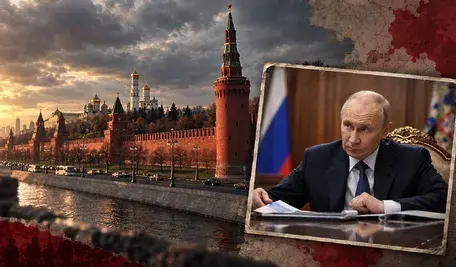 Kreml w Moskwie oraz umieszczone na pierwszym planie zdjęcie Władimira Putina – grafika ilustracyjna do artykułu o rosyjskiej narracji dotyczącej 17 września 1939 roku