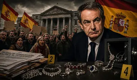 José Luis Rodríguez Zapatero na tle protestujących Hiszpanów, flag Hiszpanii i luksusowej biżuterii będącej przedmiotem śledztwa