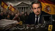 José Luis Rodríguez Zapatero na tle protestujących Hiszpanów, flag Hiszpanii i luksusowej biżuterii będącej przedmiotem śledztwa