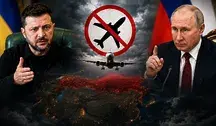 Newsowy kolaż z przywódcą Ukrainy po lewej i przywódcą Rosji po prawej, z centralnym symbolem zakazu lotów i samolotem na tle ciemnych chmur, ilustrujący zagrożenie dla ruchu lotniczego nad Rosją.