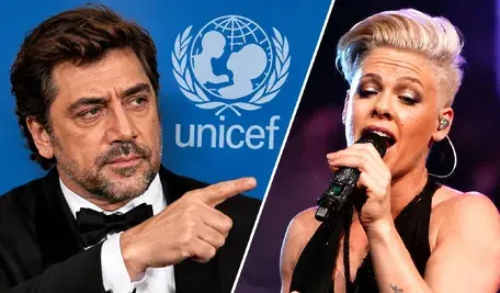 Javier Bardem i P!nk podzieleni ukośną linią w symbolicznej grafice dotyczącej konfliktu wokół UNICEF