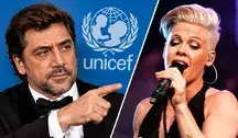 Javier Bardem i P!nk podzieleni ukośną linią w symbolicznej grafice dotyczącej konfliktu wokół UNICEF