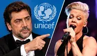 Javier Bardem i P!nk podzieleni ukośną linią w symbolicznej grafice dotyczącej konfliktu wokół UNICEF