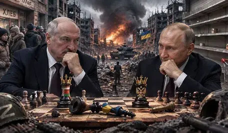 Putin i Łukaszenka przy szachownicy na tle zniszczonego miasta, symbol wojny, sankcji i kryzysu na Ukrainie