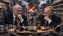 Putin i Łukaszenka przy szachownicy na tle zniszczonego miasta, symbol wojny, sankcji i kryzysu na Ukrainie