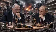 Putin i Łukaszenka przy szachownicy na tle zniszczonego miasta, symbol wojny, sankcji i kryzysu na Ukrainie