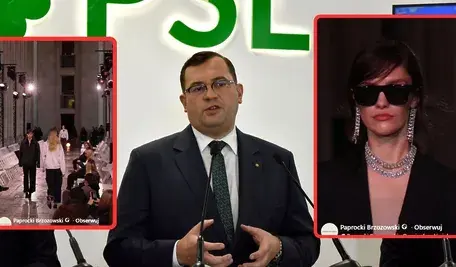 Minister rolnictwa Stefan Krajewski musi być zachwycony pokazem mody słynnych projektantów