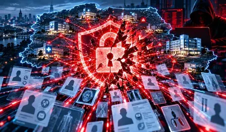Grafika przedstawiająca cyberatak na system ochrony zdrowia: pęknięta czerwona kłódka bezpieczeństwa w centrum, sieć szpitali połączonych cyfrowymi liniami, wyciekające dane pacjentów oraz haker w tle