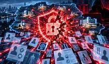 Grafika przedstawiająca cyberatak na system ochrony zdrowia: pęknięta czerwona kłódka bezpieczeństwa w centrum, sieć szpitali połączonych cyfrowymi liniami, wyciekające dane pacjentów oraz haker w tle