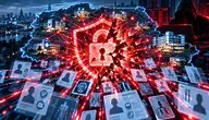 Grafika przedstawiająca cyberatak na system ochrony zdrowia: pęknięta czerwona kłódka bezpieczeństwa w centrum, sieć szpitali połączonych cyfrowymi liniami, wyciekające dane pacjentów oraz haker w tle